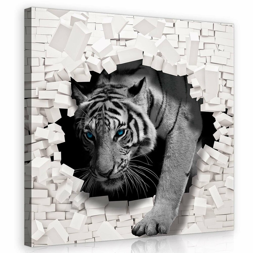 3D Tiger Coming out the Wall Canvas Schilderij PP10400O2