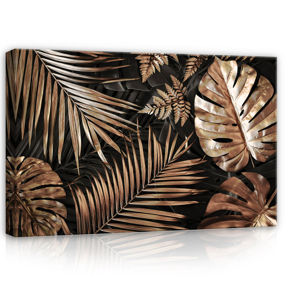 Nature Leaves Black and Gold Glamour Canvas Schilderij PP14107O20