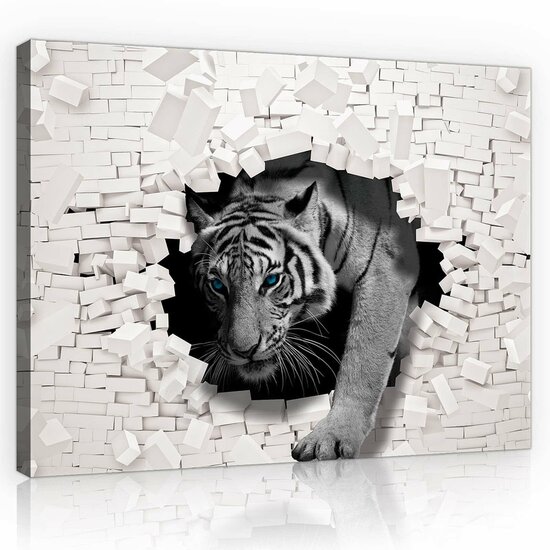 3D Tiger Coming out the Wall Canvas Schilderij PP10400O1