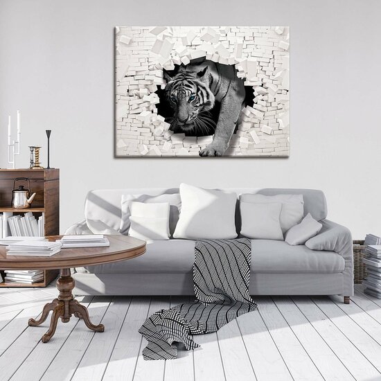 3D Tiger Coming out the Wall Canvas Schilderij PP10400O1