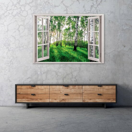 3D Effect Window Birch Forest View Canvas Schilderij PP14248O1